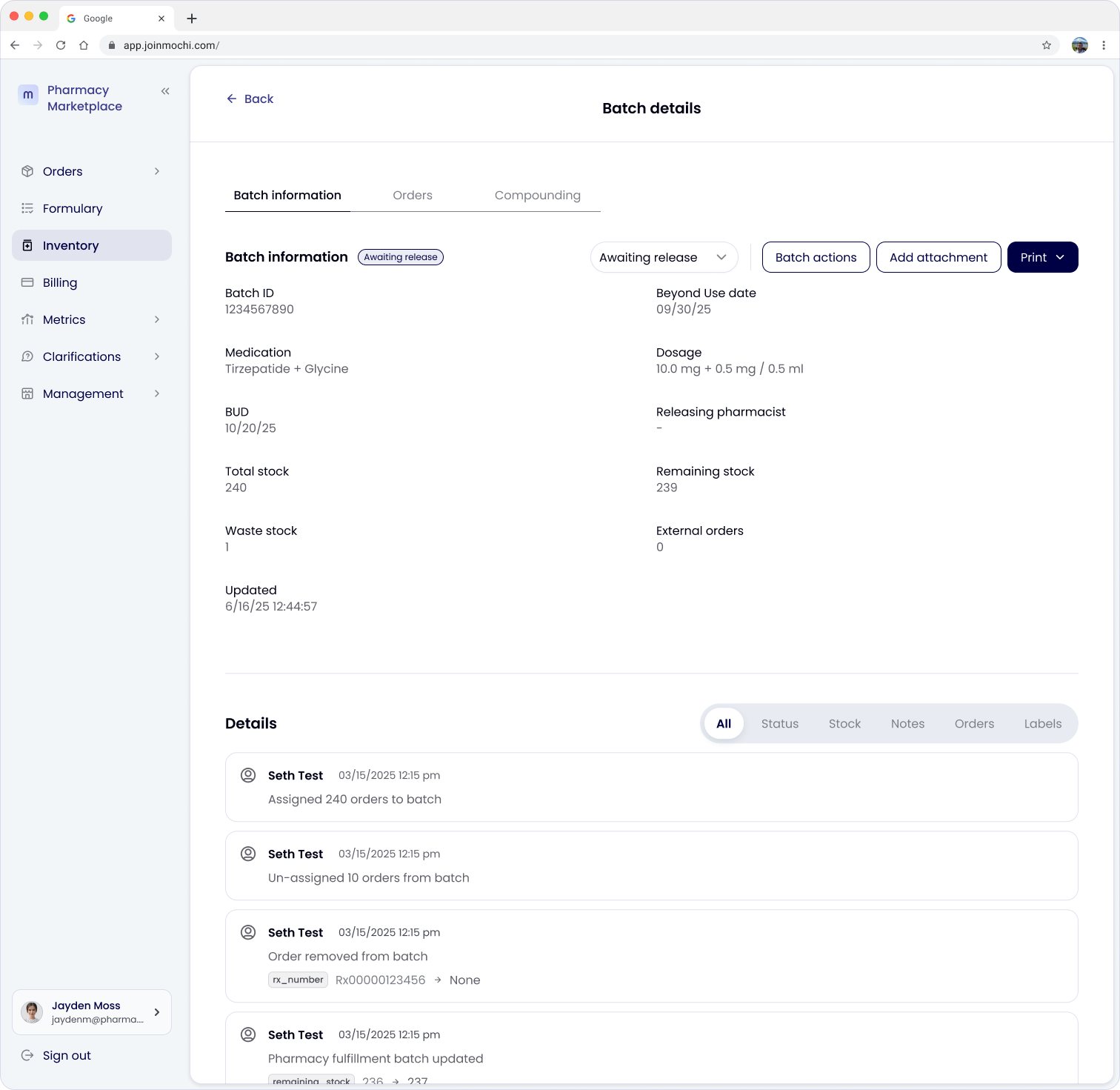 Inventory / batch details page, batch information tab