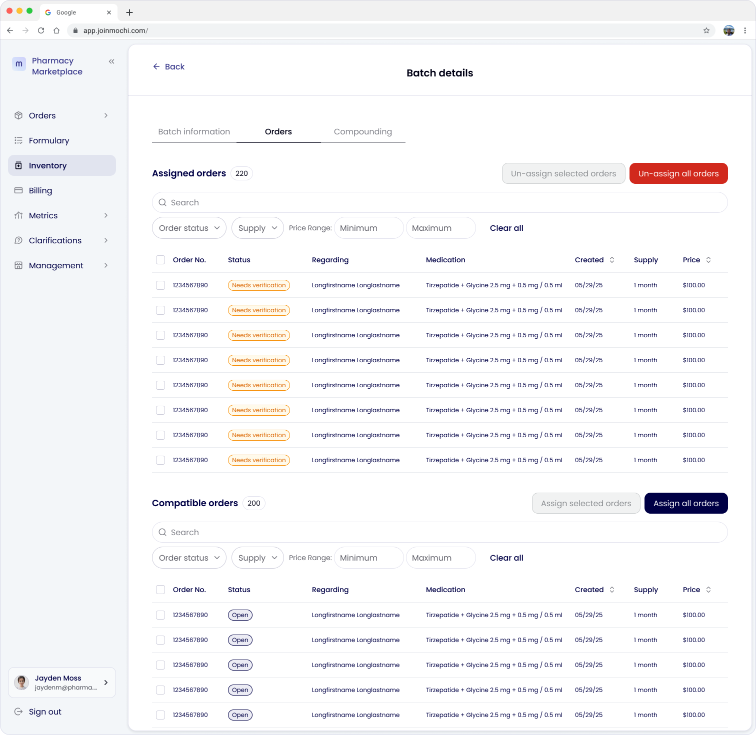 Inventory / batch details page, orders tab