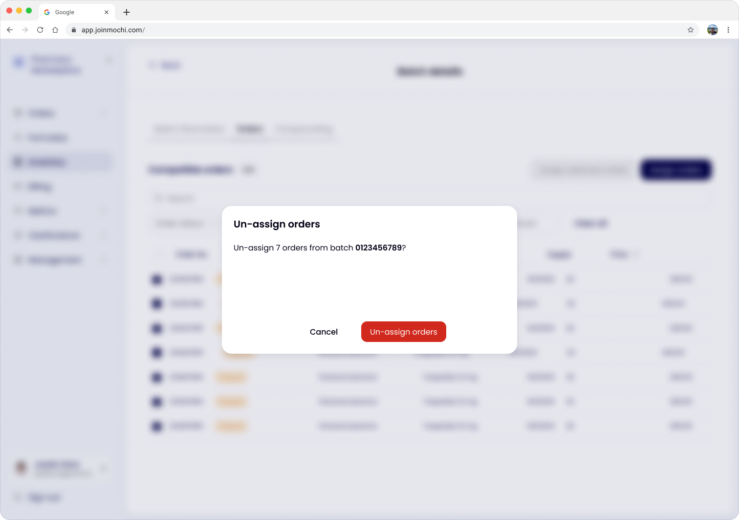 Un-assign selected orders modal