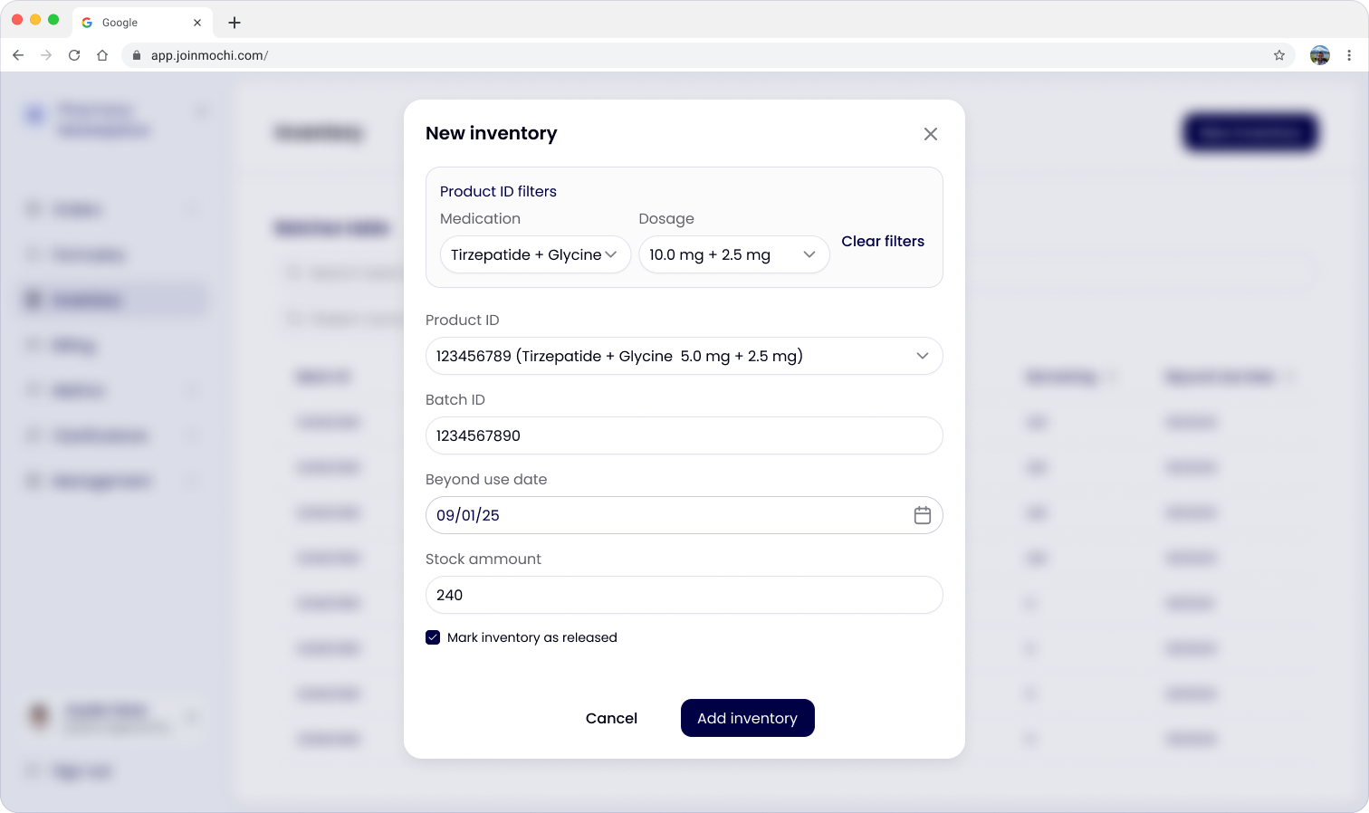 Updated inventory flow with product ID field