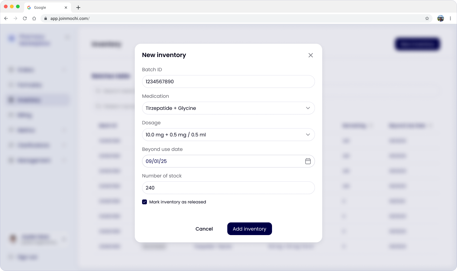 Add inventory modal